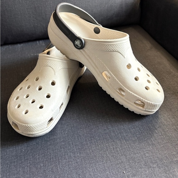 CROCS Shoes - CROCS Stylish Unisex Cream Clogs with Black Strap W12/M10